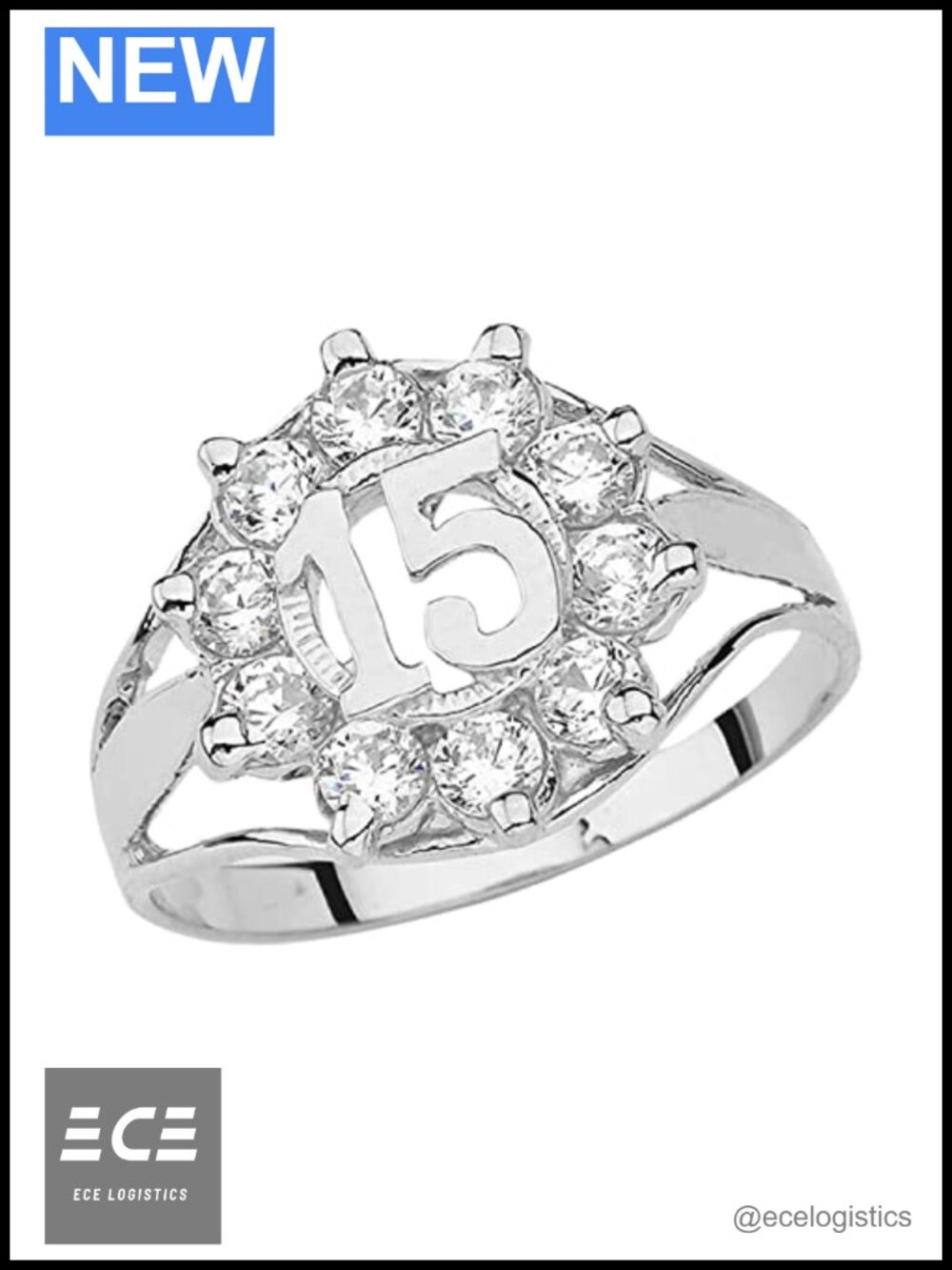 925 Sterling Silver Cubic Zirconia 15 Fifteen Ring Size 7.5